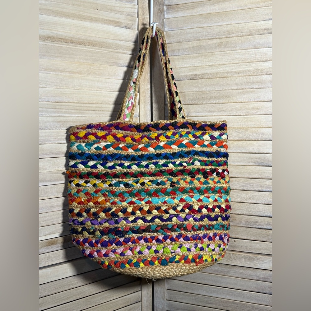 Multicolor Jute and Cotton Boho Large Woven Tote Bag Shopper Colorful